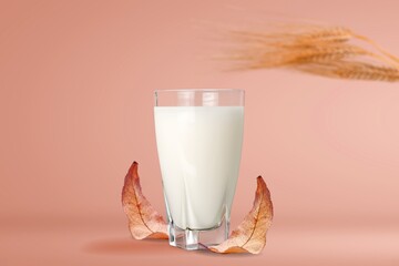 Aroma candle on light background with dry leaves