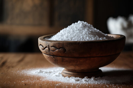 Sea salt in a wooden bowl, ai generative illustration.