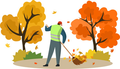 Man Janitor Sweeping Road from Leaves with Broom Flat Vector Illustration, autumn season, A man sweeping and cleans fallen leaves, autumn activities concept illustration, street cleaner janitor