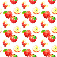 赤いりんごのパターン　手描き水彩イラストの果物柄