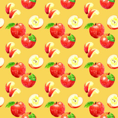 赤いりんごのパターン　手描き水彩イラストの果物柄