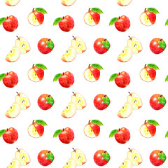 赤いりんごのパターン　手描き水彩イラストの果物柄