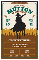 A mutton busting rodeo event poster. This is a youth rodeo event where children contestants ride bucking sheep.