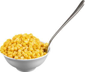 Sweet yellow corn in white bowl with spoon isolated on white background