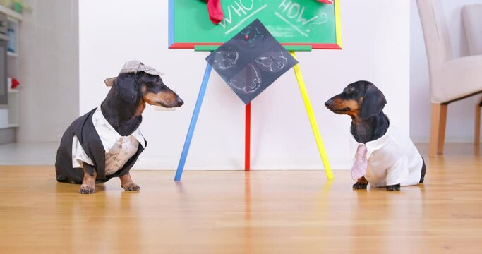 Two dogs are standing at blackboard holding a consultation medical brainstorm Dachshunds in smart clothes participate in a quiz intellectual game competition. Mind games for children logical thinking