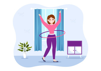Hula Hoop Illustration with People Exercising Playing Hula Hoops and Fitness Training in Sports Activity Flat Cartoon Hand Drawn Templates - obrazy, fototapety, plakaty