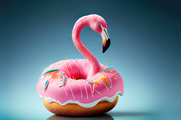 Flamingo donut funny illustration. Generative AI
