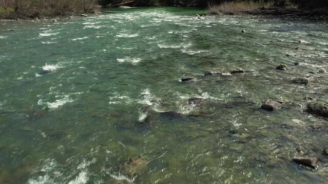 Aerial of South Fork Snoqualmie River Rapids Slow Motion