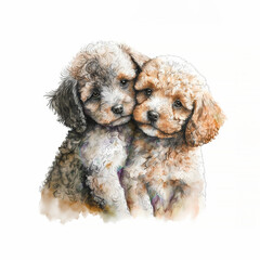 Two cut puppies hugging on white background.
