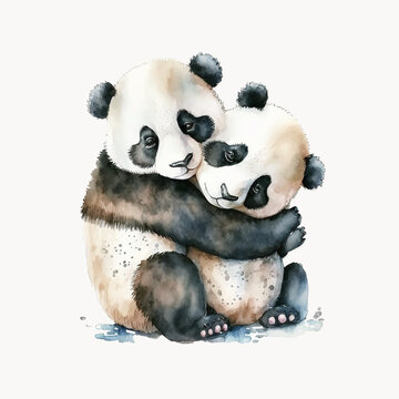 Two cut pandas hugging on white background.