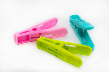 colorful clips for cloth arrangement flat lay style on background white 