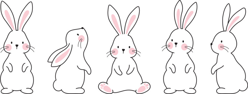 Cute bunny rabbit outline sketch vector illustration. Minimal bunny line art doodle in different poses.