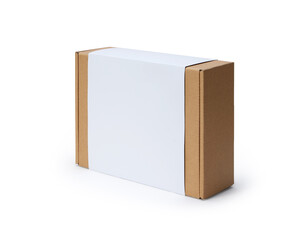 Cardboard box with white front cover isolated on a white background