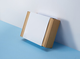 Cardboard box with white front cover isolated on blue background