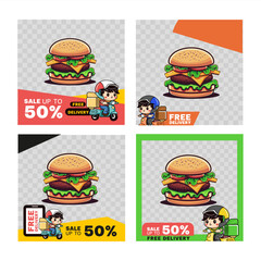 Food and delivery service. Scooter with delivery man character graphic design template, social media post, graphic frame, vector illustration
