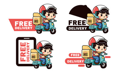 Free delivery service label, sticker. Scooter with delivery man character, vector illustrator
