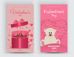 Social media splash screen layout for Valentine's Day celebration. Banners with romantic design. Ideal for wedding, event invitation, discount voucher, promo. Vector
