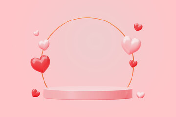 valentine's day sale pink podium with heart background 3D illustration empty display scene presentation for product placement