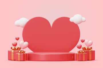Valentine's day sale luxury pink podium with heart and gift box background 3D illustration empty display scene presentation for product placement