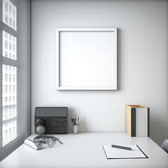 blank white frame hanging on white wall in minimalist office room., Generative ai