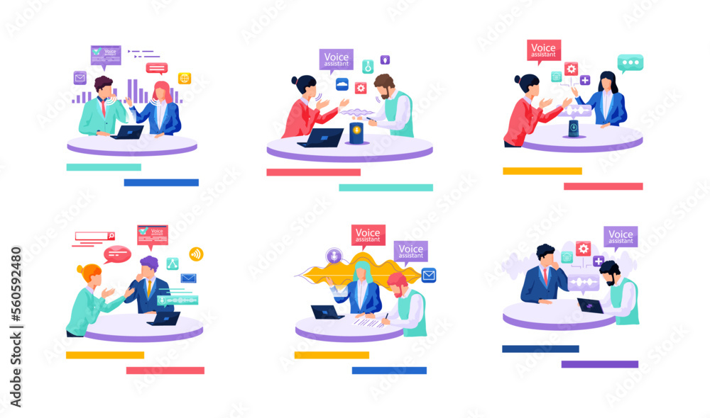 Poster voice assistant. smart speaker virtual assistant, sound robot, people using voice controlled smart s