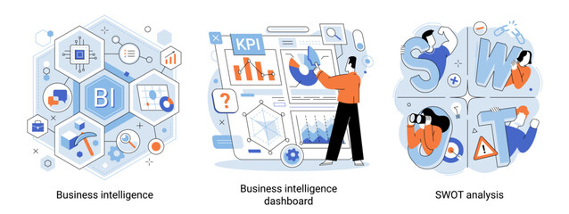 Business intelligence, business data management, swot analysis, market research flat vector set. Enterprise strategy development. Analytics information and working statistics, strategic planning