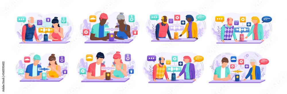 Poster voice assistant. smart speaker virtual assistant, sound robot, people using voice controlled smart s