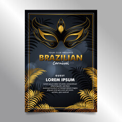 Luxury brazilian carnival flyer poster design with dark golden carnival mask and palm leaves