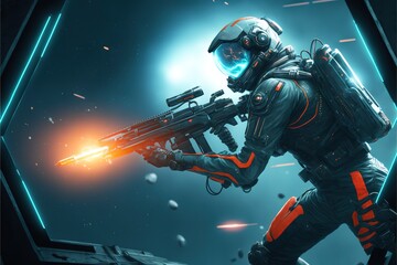 Fototapeta na wymiar Sci-fi soldier from shooter game