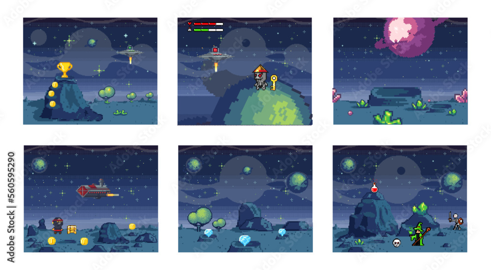 Poster retro computer games level. pixel art video game scene 8 bit warrior character collects weapons and 