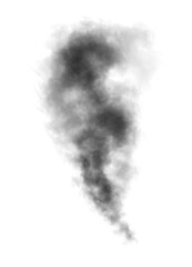 Abstract black puffs of smoke swirl overlay on transparent background pollution. Royalty high-quality free stock PNG image of abstract smoke overlays on white backgrounds. Black smoke swirls fragments