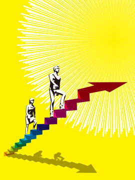 虹色矢印の階段をのぼる男女シルエット　ベクターイラストレーション