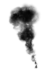 Abstract black puffs of smoke swirl overlay on transparent background pollution. Royalty high-quality free stock PNG image of abstract smoke overlays on white backgrounds. Black smoke swirls fragments