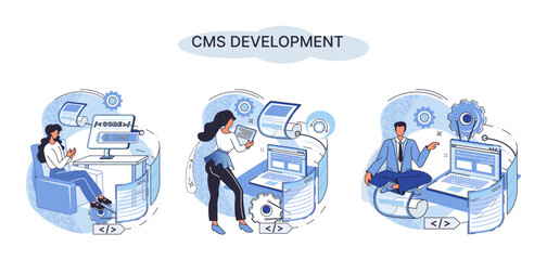 Digital content management system, CMS development software metaphor. Information system or computer program enable organize collaborative process of creating, editing and managing soft in network