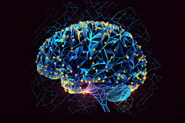 Abstract human brain of glowing dots and lines, polygonal structure