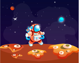 Naklejka premium Astronaut in outer space in spacesuit walks on planet concept. Game location cosmic area background. Futuristic alien planet landscape and cute vector cartoon cosmonaut spaceman in cosmos area