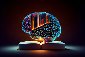 Glowing and shining brain lightbulb over an open book with a bookshelf as background