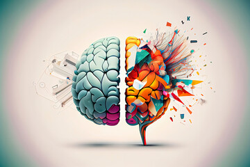 Left right human brain concept. Creative part and logic part with social and business doodle - obrazy, fototapety, plakaty