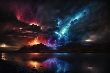 Dramatic sky with clouds storms and aurora. Generative AI