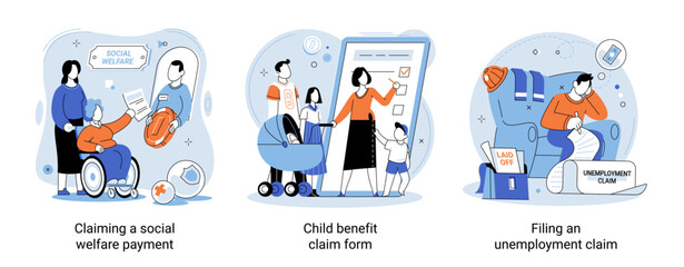 Fototapeta premium Claiming social welfare payment, child benefit claim form, Social insurance cartoon vector set. Unemployment benefits. Business finance protection. Support for pensioners and families with children