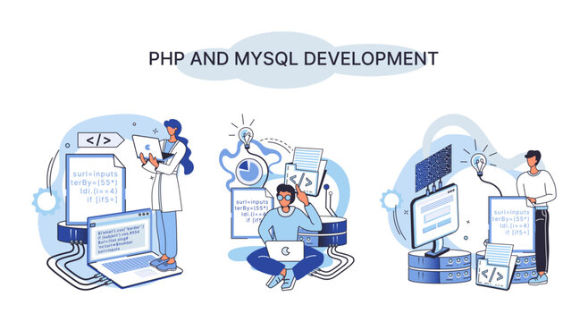 PHP and MySql development metaphor. Software website developer with computer, programmer service, open source general purpose programming language. Scripting web applications allows to create programs