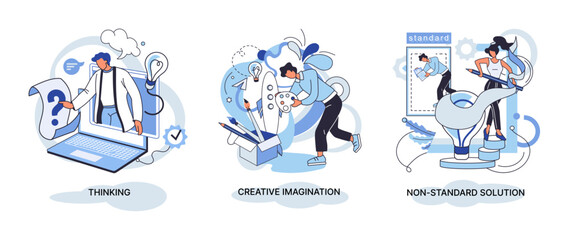Fototapeta premium Creative thinking. People with different mental mindset types or model creative. Imaginative logical and structural thinking. MBTI person metaphor. Non standart solution. Brain think people solve idea