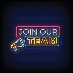 neon sign join our team with brick wall background vector illustration