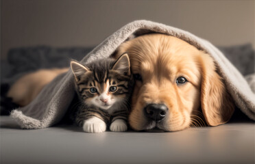 Fototapeta na wymiar Friendship of puppy and kitten - golden retriever puppy and kitten cuddling under a blanket cuddle