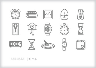 Set of clock line icons for showing the passage of time by digital, analog and other means