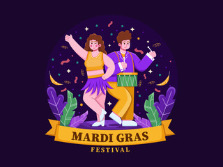 Mardi Gras Carnival With Dancer and Drummer performing on the festival.
Mardi Gras festival illustration cartoon.
Couple on carnival.
Can be used for greeting card, postcard, web, landing page, etc