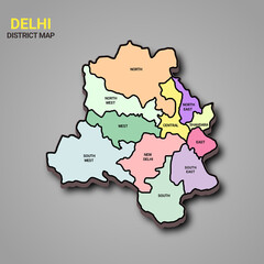 3d rendering map of Delhi is a state of India and his colourful districts and name