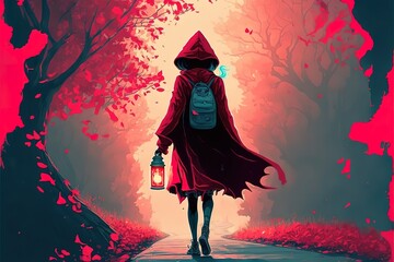 A girl in a red hood near a tree