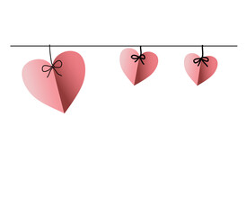 Pink Valentine heart hanging from a string line isolated on white background.