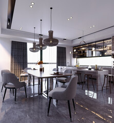 3d rendering,3d illustration, Interior Scene and  Mockup,kitchen and dining room render modern style,and minibar.